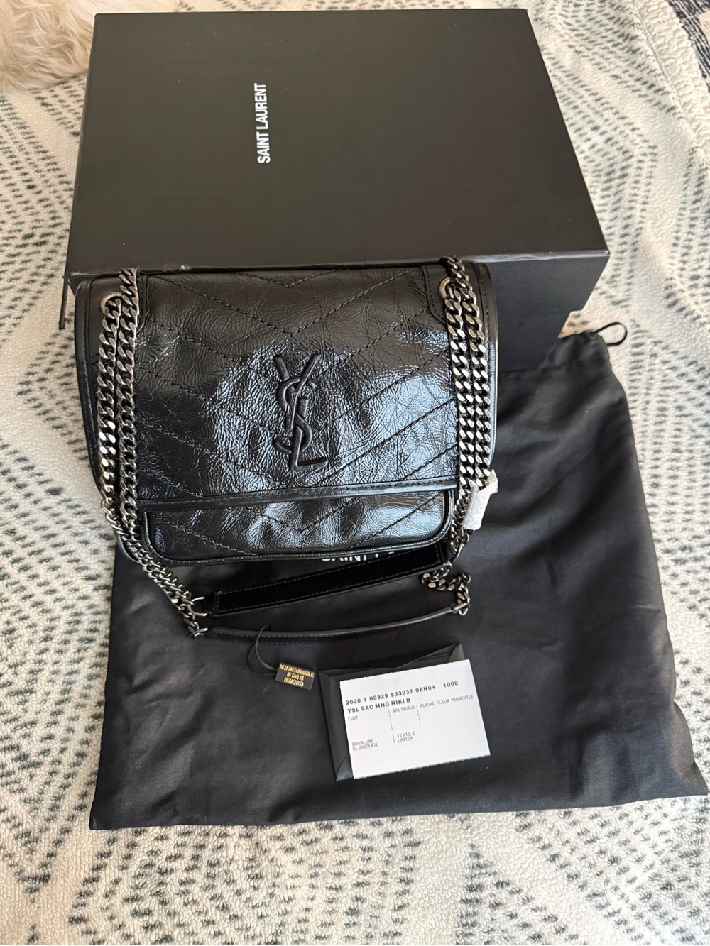 Saint Laurent Black Crinkled Leather Monogram Crossbody